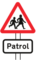 School crossing patrol ahead (some signs have amber lights which flash when children are crossing