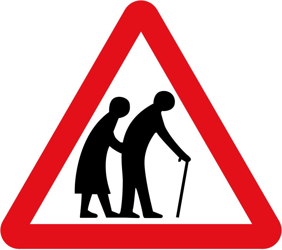Frail (or blind or disabled if shown) pedestrians likely to cross road ahead
