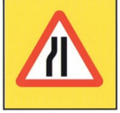 Road narrows on left (temporary, yellow)